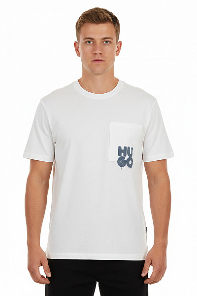 Hugo Boss Bavlněné Bílé Tričko S Krátkým Rukávem A Potiskem Kapsou Basic Velikost L