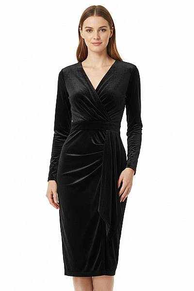 Kraimod Černé Sametové Zavinovací šaty S Dlouhým Rukávem Midi Elegantní Večerní Velikost 38