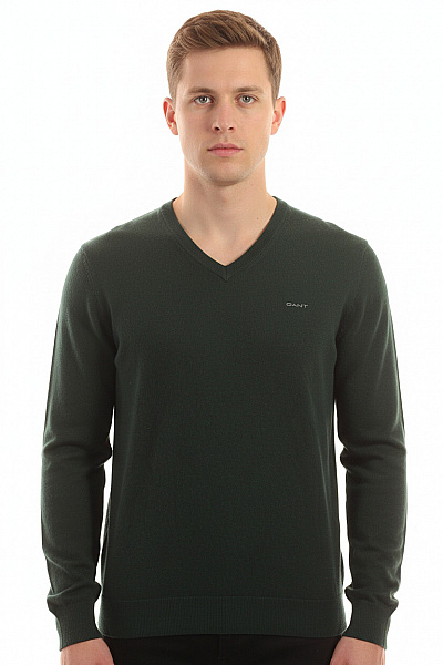 GANT Pánský Vlněný Tmavě Zelený Pulovr Basic S Výstřihem Do V Vel. L
