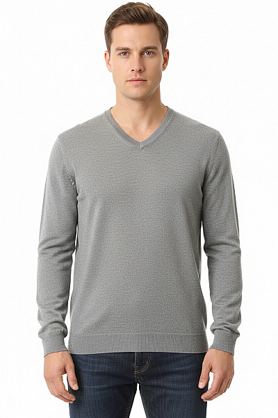 Seidensticker Pánský Merino Pulovr Světle šedý Tenký V-výstřih Basic Vel. Xl