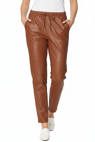 CIGNO NERO Hnědé Kožené Rovné Kalhoty Ležérní S Gumou V Pase Na Zavazování Velikost 36