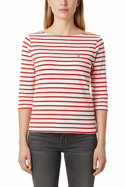 TOMMY HILFIGER Dámské Bavlněné Tričko červené Bílé Pruhované S Lodičkovým Výstřihem Tříčtvrteční Rukáv Velikost M