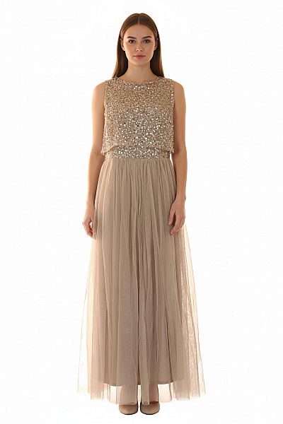 MAYA  Deluxe  Dámské Společenské šaty Dlouhé Tylové Třpytivé Béžové Vel. S