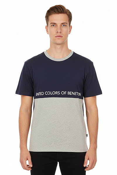 Pánské Bavlněné Tričko Dvoubarevné Modré šedé S Potiskem Velikost L