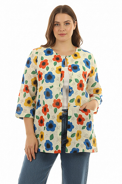 Gudrun Sjödén Dámská Bavlněná Košile Krátký Rukáv Květinová Vzorovaná Volná Ležérní Velikost XL