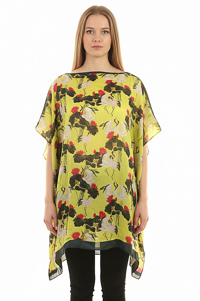 Dámské Pončo žluté S Potiskem Ptáků A Květin