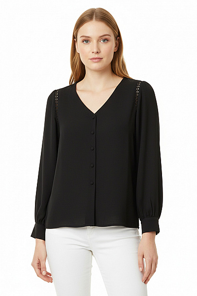 Dámská černá Polyesterová Košile Elegantní S Dlouhým Rukávem A Krajkou Vel. S/m