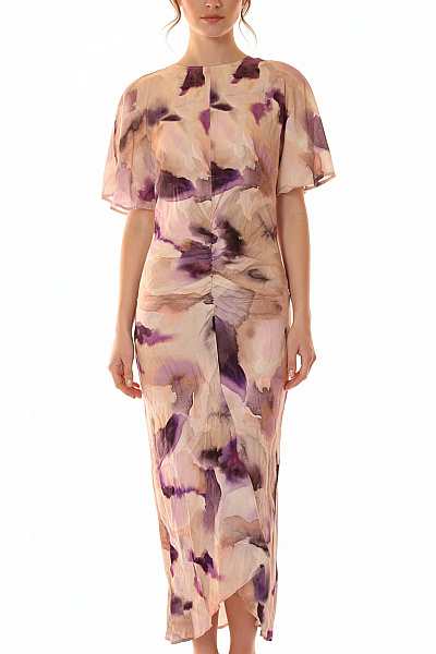 HM  Viskózové Midi Letní šaty Fialové Pastelové Abstraktní Volné Velikost S