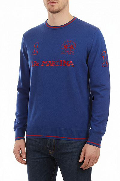 La Martina Modrý Pánský Pulovr Sportovní S číslem A Nápisem Přes Hlavu Vel. L