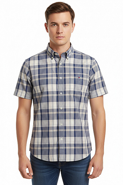 TOMMY HILFIGER Pánská Bavlněná Kostkovaná Košile Modrá Béžová Ležérní Krátká Velikost S