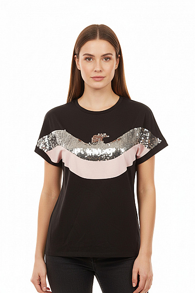 ARMANI Dámské černé Tričko S Flitry A Potiskem Krátký Rukáv Vel. 44