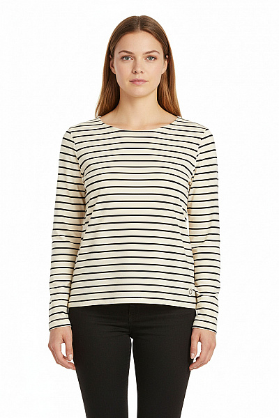 COMMA Dámské Tričko Béžové černé Pruhované S Dlouhým Rukávem Basic S Kulatým Výstřihem Vel. 44