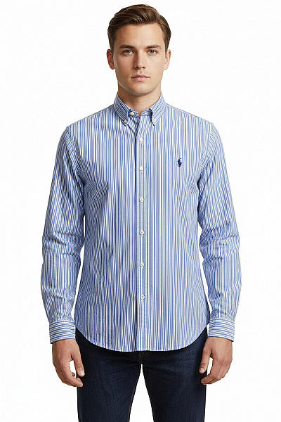 Ralph Lauren Pánská Bavlněná Košile Modrá Bílá Pruhovaná Dlouhý Rukáv Slim Fit Velikost M