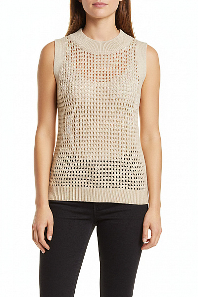 Dámská Béžová Pletená Háčkovaná Halenka Bez Rukávů Letní Volná Vel. M