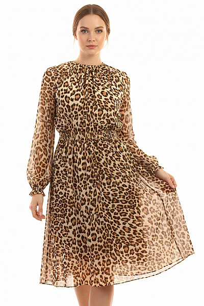 Dámské šaty S Dlouhým Rukávem Zvířecí Vzor Midi Velikost L