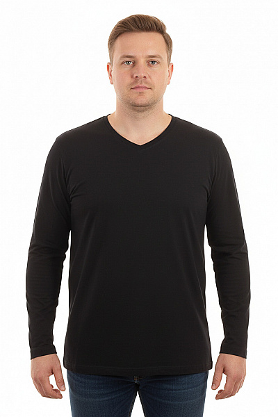 Bugatti Pánské Tričko Dlouhý Rukáv V-výstřih Jednobarevné Basic Černé Velikost 56