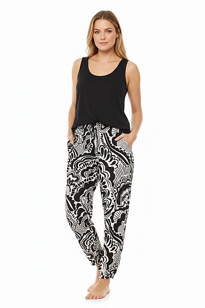 VIA APPIA DUE Dámské Volnočasové Kalhoty černo-bílé Potisk Volné S Gumou V Pase Vel. XL