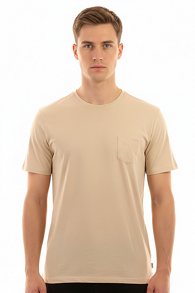 Mexx Pánské Bavlněné Tričko Béžové Jednobarevné Basic S Kapsou S Kulatým Výstřihem Velikost L