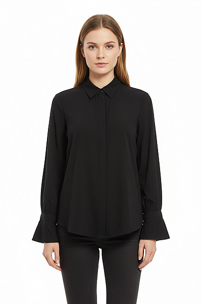 Van Laack Dámská Hedvábné Černá Košile Elegantní S Volánky Dlouhý Rukáv Velikost 38