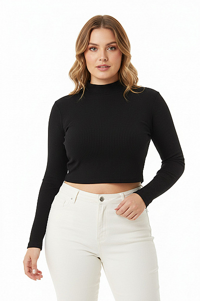 ZAUBERSTERN Dámské Tričko S Dlouhým Rukávem černé Crop Top Basic Vel. L