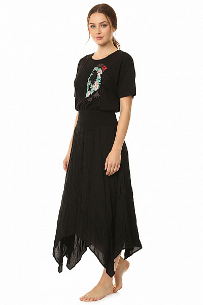 DESIGUAL Černé Viskózové Letní Maxi šaty Asymetrické Volné S Krátkým Rukávem Vel. 40