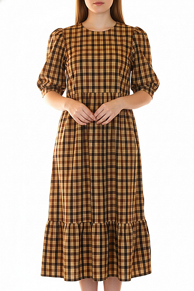 Oasis Dámské Bavlněné Hnědé Kostkované Midi šaty Volné Retro S Krátkým Rukávem Velikost 10