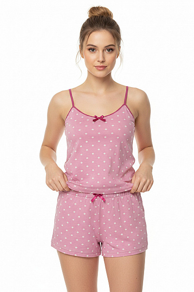 Růžové Puntíkované Bavlněné Modalové Pyžamo Velikost S