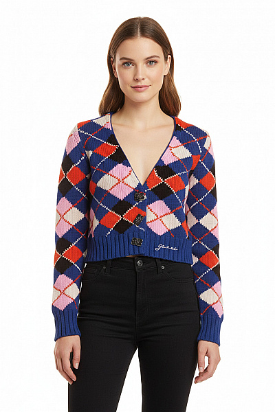 GANNI Dámský Bavlněný Crop Kardigan Modrý S Argyle Vzorem Propínací Velikost XS