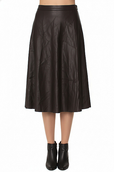 Dámská Koženková Midi áčková Sukně Tmavě Hnědá Rozšířená Vel. 34