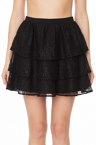SELECTED Dámská černá Nylonová Krajková Minisukně Vrstvená S Volánky Velikost 36