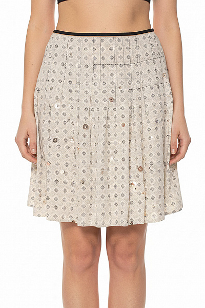 CULTURE Bavlněná Vzorovaná Béžová Krátká áčková Sukně S Flitry Vel. L