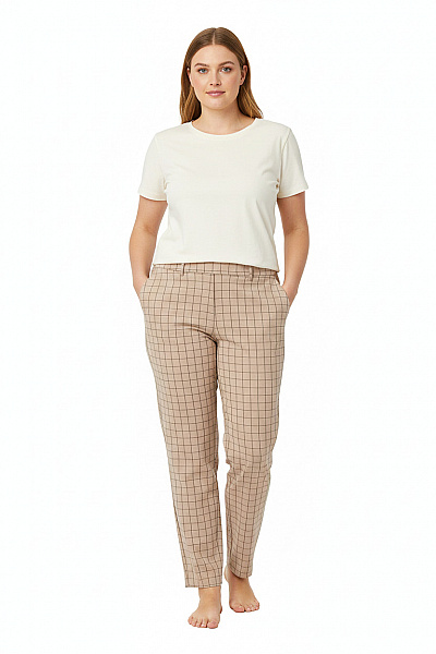 TOM TAILOR Dámské Polyesterové Béžové Kostkované Rovné Kalhoty S Gumou V Pase Velikost L