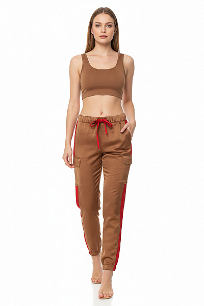 TWINSET Dámské Saténové Tepláky Cargo Hnědé S červeným Pruhem Na Zavazování Velikost XS+