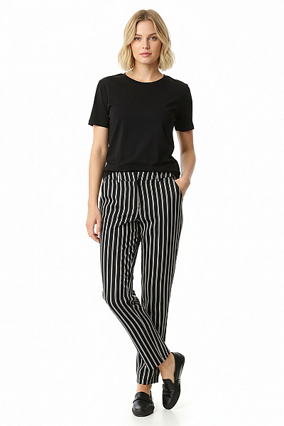 PULZ JEANS Dámské Kalhoty Cigaretové černo-bílé Pruhované Elegantní S Kapsami Velikost EU 38