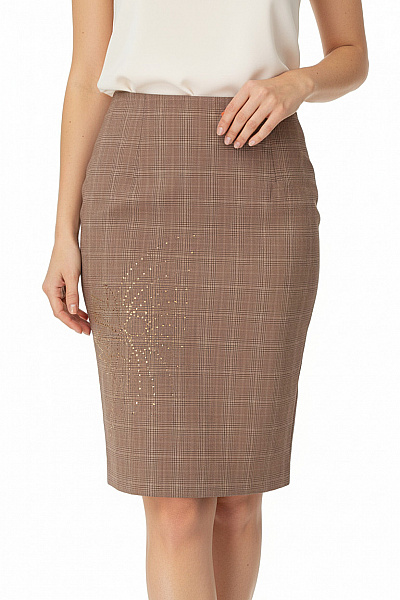 Oasis Dámská Pouzdrová Polyesterová Kostkovaná Hnědá Midi Sukně Elegantní Velikost 34