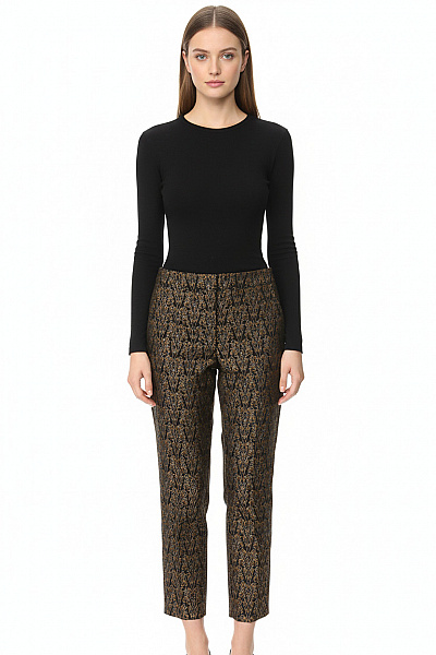 MANGO Dámské Elegantní Polyesterové Kalhoty černé Zlaté Brokát Vzor Rovné Ležérní Vel. S