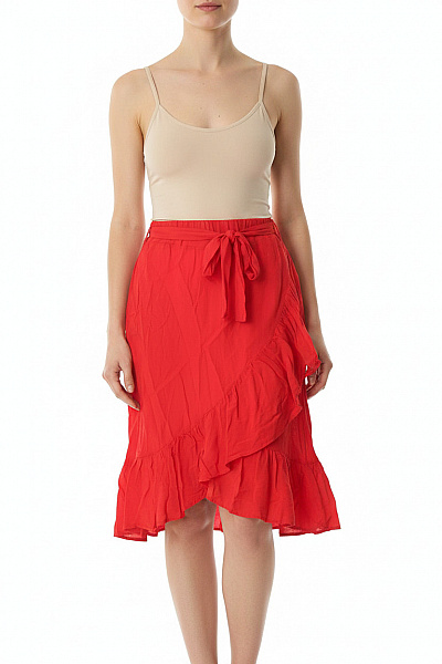 Minimum Dámská červená Zavinovací Midi Sukně S Páskem A Volánky Vel. 34