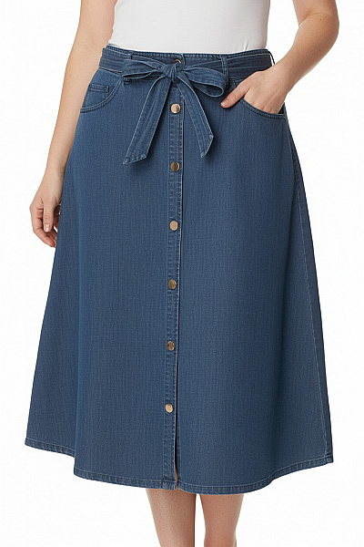 Rue De Femme Dámská Modrá Džínová Midi Sukně S Knoflíky A Páskem Vel. L