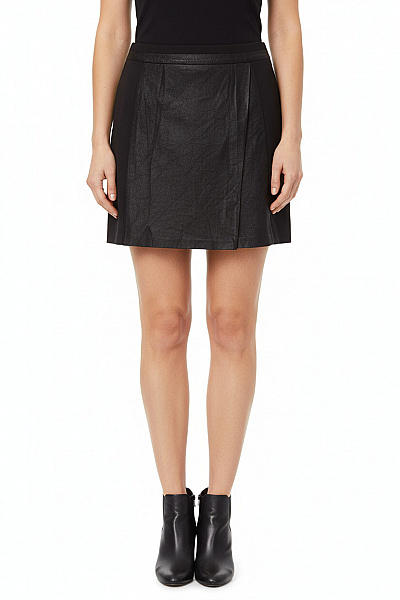 COMMA Dámská černá Viskózová Mini Sukně Koženkový Panel Rovná Vel. 44