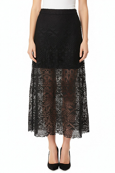 HM  Dámská černá Krajková Sexy Dlouhá Sukně Vzorovaná Průsvitná Velikost 34