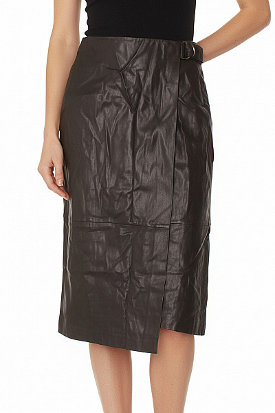 Marks & Spencer Dámská Hnědá Koženková Midi Sukně Zavinovací S Překládaným Pasem Vel. 38