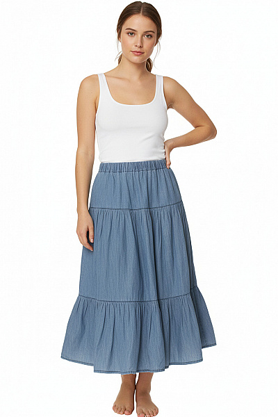 Dámská Bavlněná Modrá Dlouhá Nabíraná Volná Riflová Sukně Vel. 28