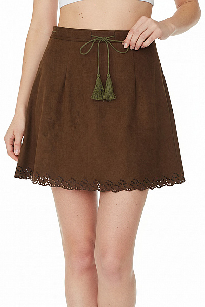 Molly Bracken Hnědá Semišová áčková Minisukně S Třásněmi A Dírkováním Vel. XS