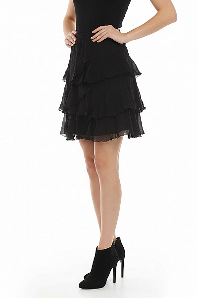 Dámská černá Polyesterová Krátká Sukně Volná Vrstvená S Volánky Vel. FR 36
