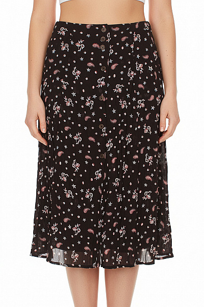 SUPERDRY Dámská Viskózová Midi Sukně černá Vzorovaná Knoflíky Romantická Vel. UK 12