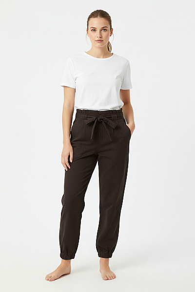 ZARA Dámské Bavlněné Hnědé Volnočasové Kalhoty S Vysokým Pasem Na Zavazování Jogger Vel. 38