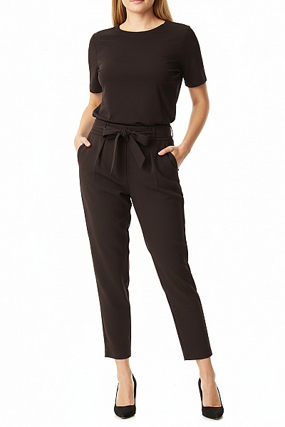 MOTIVI Dámské Polyesterové Oblekové Kalhoty S Vysokým Pasem A Mašlí Hnědé Elegantní Rovné Vel. 40