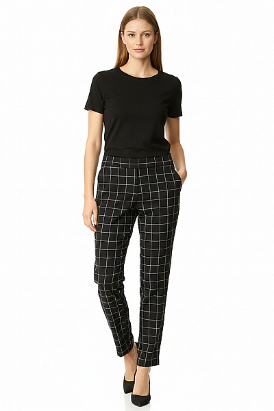 MANGO Dámské Viskózové Kalhoty černé Kárované Rovné Ležérní S Vysokým Pasem Velikost EU S