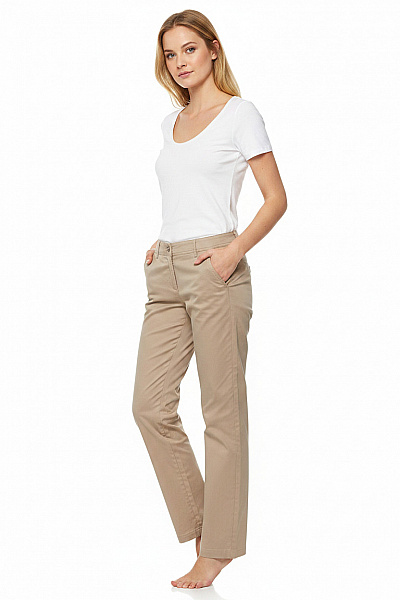 SAND Dámské Bavlněné Kalhoty Volnočasové Béžové Rovné S Kapsami Vel. EU 36