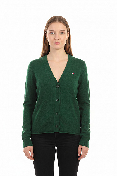 TOMMY HILFIGER Dámský Vlněný Zelený Kardigan Propínací S Výstřihem Do V Basic Vel. EU S